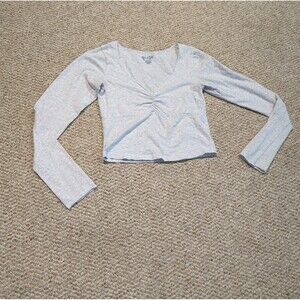 John Galt Cropped Babydoll Top Womens One Size Gray Heathered Long Sleeve